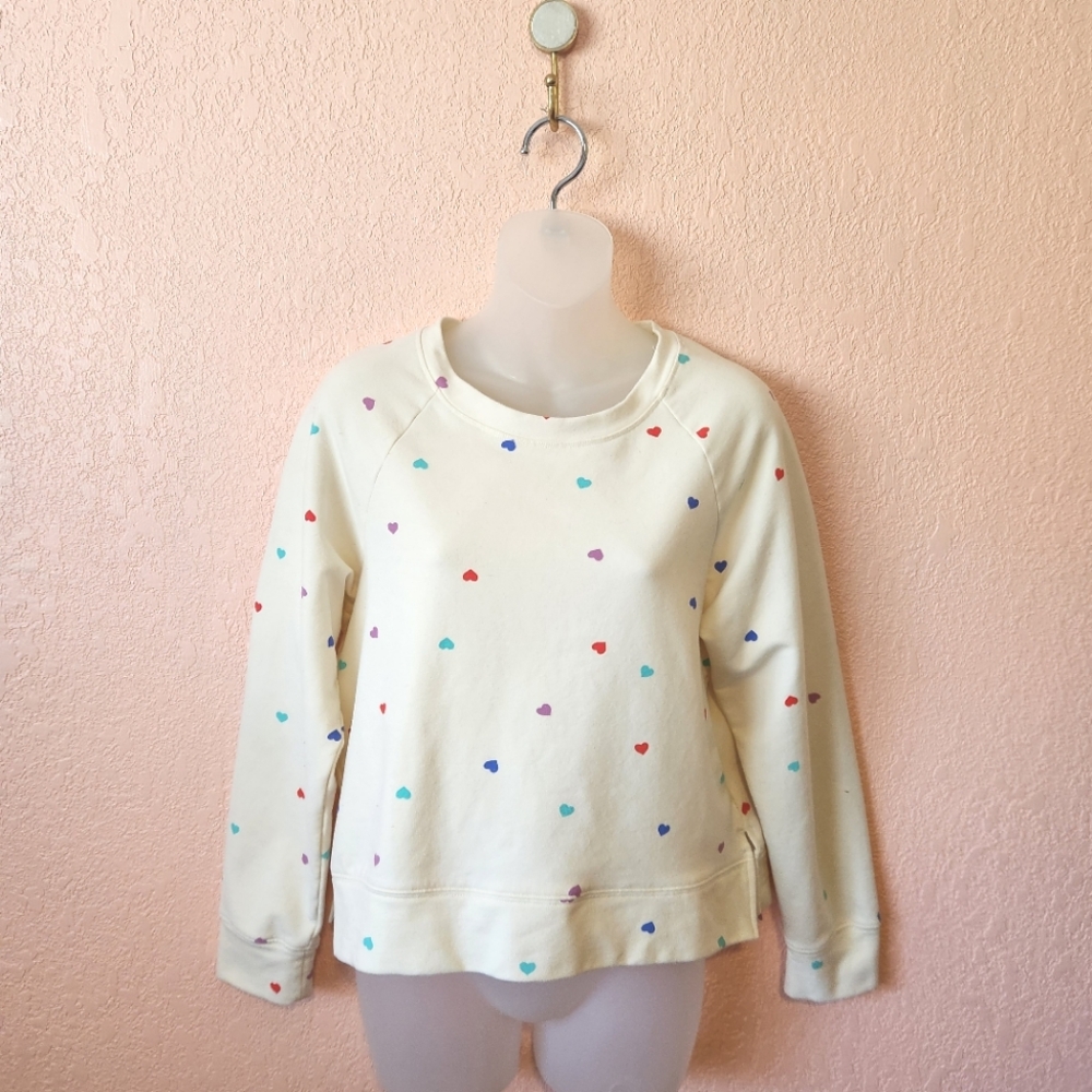 Wildfox Oatmeal Cream Colorful Heart Print Crew Neck Pullover Sweatshirt